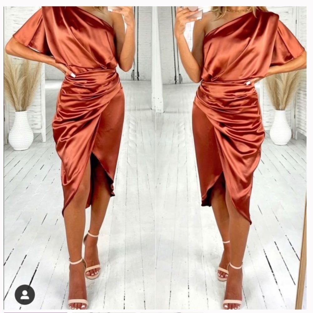 Do + Be Satin Asymmetrical Draped One Shoulder Dress